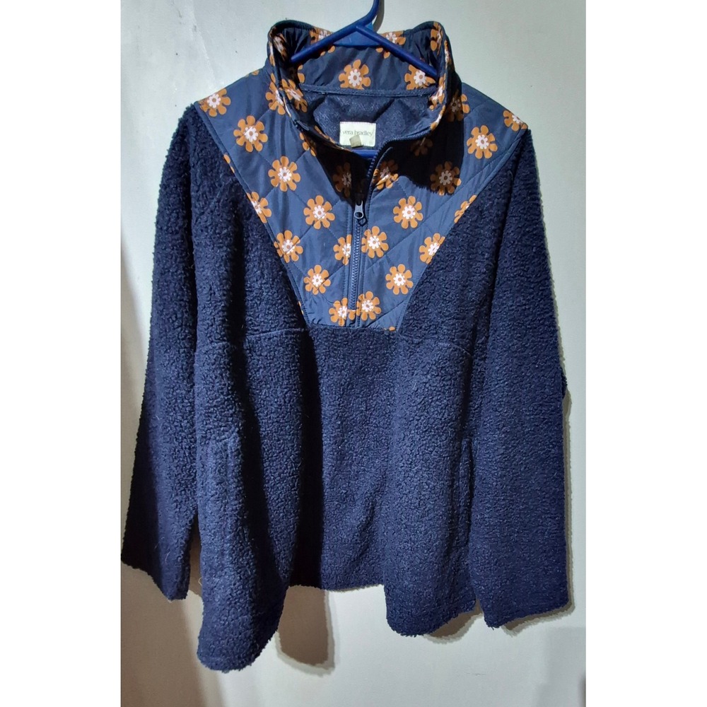 Vera Bradley Navy Sherpa Fleece Quarter Zip Pullover Floral Quilted Yoke XL